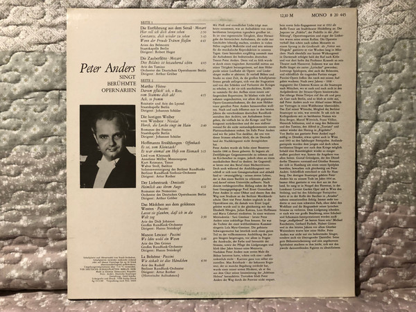 Peter Anders – Singt Berühmte Opernarien / Die Entführung Aus Dem Serail; Die Zauberflöte; Martha; Manon Lescaut; Die Lustigen Weiber von Windsor; Hoffmanns Erzählungen; Der Liebestrank / ETERNA LP Mono 1980 / 8 20 445