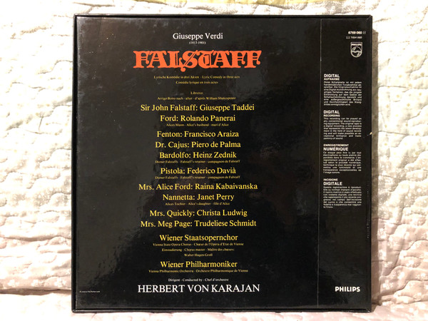 Giuseppe Verdi: Falstaff - Giuseppe Taddei, Rolando Panerai, Francisco Araiza, Raina Kabaivanska, Janet Perry, Christa Ludwig, Trudeliese Schmidt, Wiener Staatsopernchor / Philips 3x LP, Box Set / 6769 060