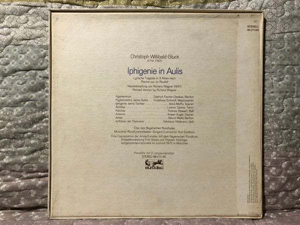 Gluck: Iphigenie In Aulis (Opera in 3 Akten in der Bearbeitung von Richard Wagner), Gesamtaufnahme in deutscher Sprache ''complete'' / Anna Moffo, Dietrich Fischer-Dieskau / Eurodisc 2x LP, Box Set, Stereo / 86 271 XR