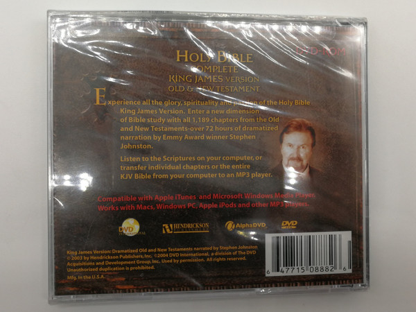 The Holy Bible - Complete King James Version - Old & New Testament / Narrated By Stephen Johnston / Compatible with Apple iTunes & Microsoft Windows Media Player / Hendrickson Publishers DVD CD Bible 2003 / DVDI 0888 (647715088826)