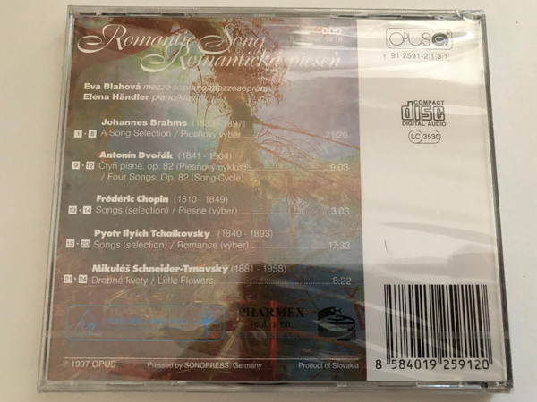 Romantic Song = Romanticaka piesen / Johannes Brahms, Antonin Dvorak, Frederic Chopin, Pyotr Ilyich Tchaikovsky, Mikulaš Schneider-Trnavsky / Eva Blahova (mezzo-soprano), Elena Handler (piano) / Opus Audio CD 1997 / 91 2591-2131