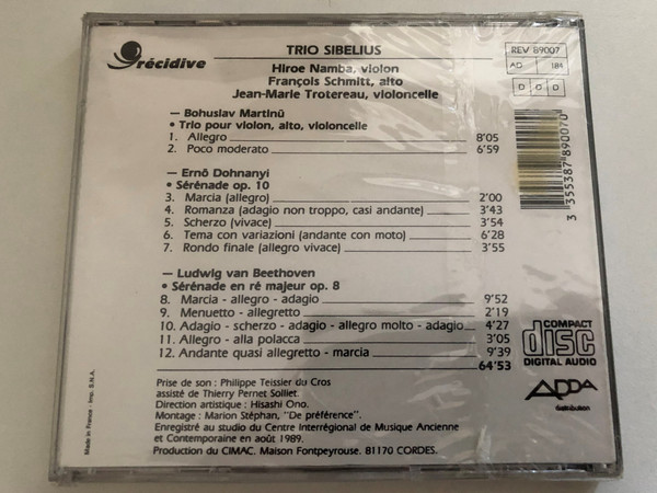 Trio Sibelius: Bohuslav Martinu, Erno Dohnanyi, Ludwig van Beethoven / Hiroe Namba (violon), Francois Schmitt (alto), Jean-Marie Trotereau (violoncelle) / recidive Audio CD / REV 89007