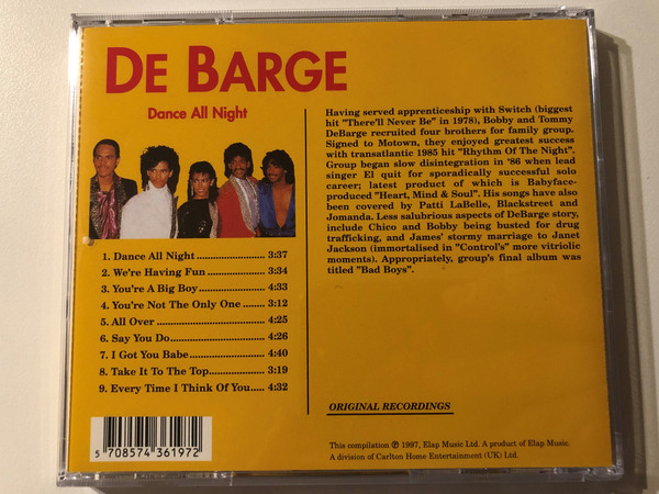 De Barge - Dance All Night / Biographical details on the back / We're Having Fun, You're A Big Boy, You're Not The Only One, Say You Do, and many more / Success Audio CD 1997 / 16197CD