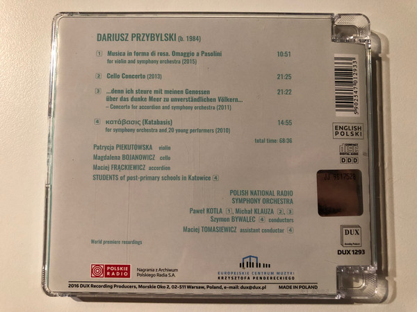 Daiusz Przybylski - Musica In Forma Di Rosa / Polish National Radio Symphony Orchestra, Bojanovicz, Frackiewicz, Piekutowska, Bywalec Klauza Kotla / DUX Recording Producers Audio CD 2016 / DUX 1293