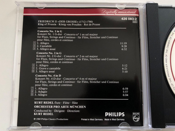 Friedrich II Der Grosse = Frederick the Great - 3 Flötenkonzerte; Flute Concertos - Kurt Redel / Baroque Classics / Philips Audio CD 1989 / 426 083-2