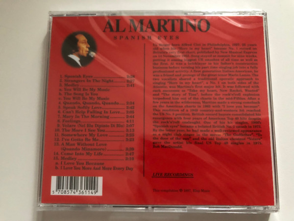 Al Martino – Spanish Eyes / Biographical details on the back / Strangers In The Night; Quando, Quando, Quando; Volare; Come Into My Life / Success Audio CD / 16114CD