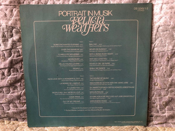 Felicia Weathers – Portrait In Musik / Some Enchanted Evening; Over The Rainbow; Hello, Young Lovers; Never On Sunday; With A Song In My Heart; People Will Say We're In Love; The Sound Of Music / Decca LP Stereo 1974 / DS 3249/1-2