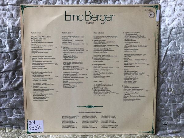 Erna Berger mit Tiana Lemnitz, Peter Anders, Margarete Klose, Heinrich Schlusnus, Josef Greindl u. a. / Die Zauberflöte; Die Entführung Aus Dem Serail; Hoffmanns Erzählungen; Orpheus Und Eurydike / Acanta 2x LP / 22 21490-3