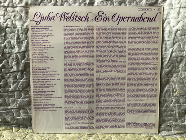 Ljuba Welitsch – Ein Opernabend / EMI LP / 1 C 047-01 267 M
