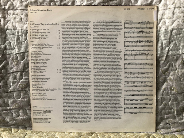 Bach - O Holder Tag, Erwünschte Zeit. Kantate BWV 210; Amore Traditore. Kantate BWV 203 / Lucia Popp, Siegfried Lorenz, Kammerorchester Berlin, Peter Screier / ETERNA Edition / ETERNA LP Stereo 1984 / 8 27 677 