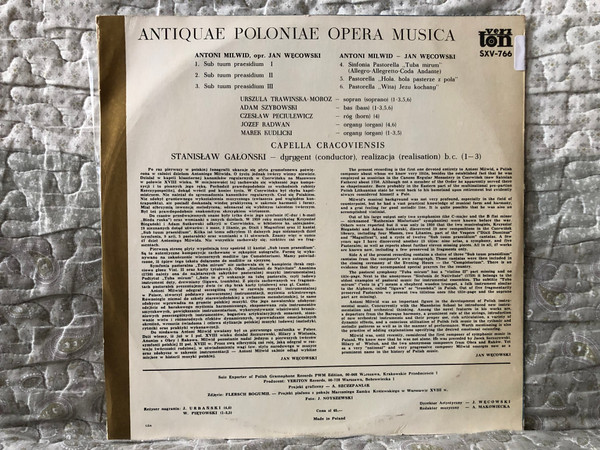 Antoni Milwid: Sub Tuum Praesidium - Capella Cracoviensis, Dyr. Stanisław Gałoński / Antiquae Poloniae Opera Musica / Veriton LP / SXV-766