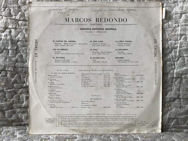 Marcos Redondo – Un Gran Cantante Español / Odeon LP / MOAL 113