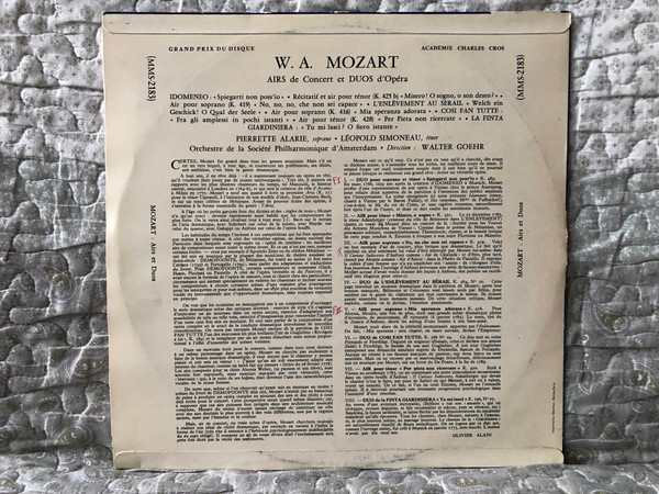 Mozart: Airs De Concert Duos D'Opera - Pierrette Alarie (soprano), Leopold Simoneau (tenor), Orchester Der Philharmonique d'Amsterdam, Direction: Walter Goehr / Grand Prix Du Disque / Musical Masterpiece Society LP / MMS-2183