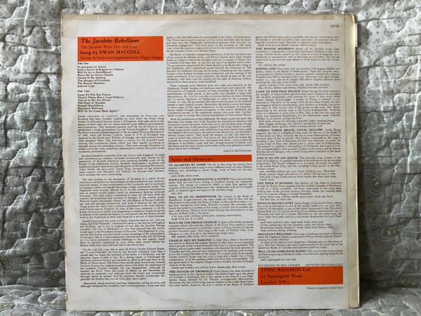 The Jacobite Rebellions (Songs Of The Jacobite Wars Of 1715 And 1745) - Sung by Ewan MacColl / Guitar and Banjo Accompaniments by Peggy Seeger / Topic Records LP / 12T79