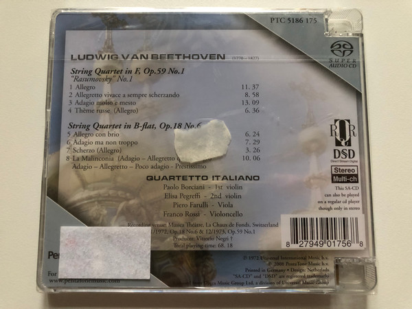 Beethoven: String Quartets Op.59 No.1 "Rasumovsky", Op.18 No.6 - Quartetto Italiano / Remastered Quadro Recording / PentaTone classics Hybrid Disc 2008 / PTC 5186 175