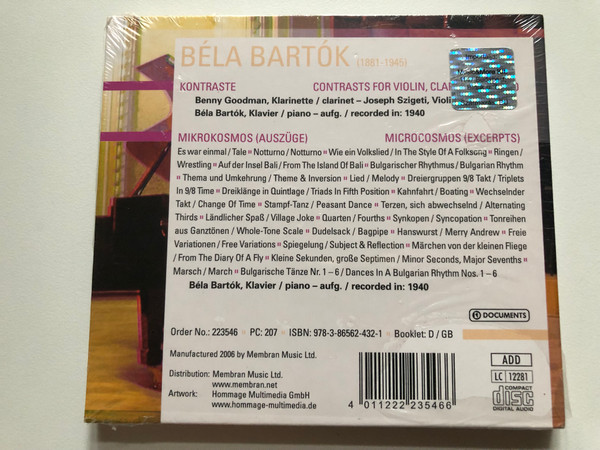 Béla Bartók – Kontraste; Mikrokosmos (Auszüge) - Benny Goodman, Joseph Szigeti / Documents Audio CD 2006 / 223546
