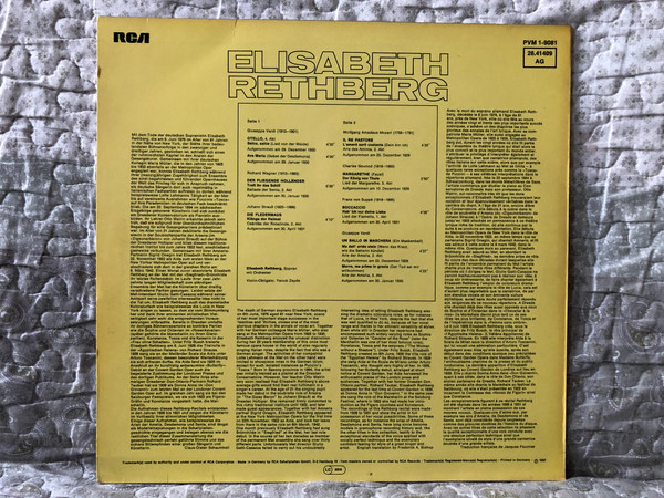 Elisabeth Rethberg - Otello; Un Bal Masqué / Der Fliegende Hollander; Margarethe; Die Fledermaus; Boccaccio; Il. Re pastore / RCA Victrola LP / PVM 1-9081