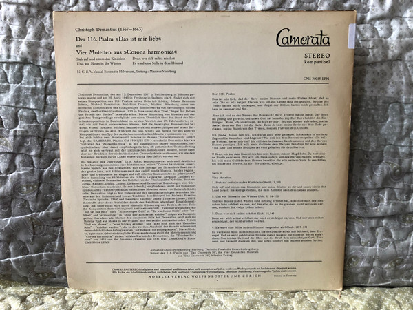 Christoph Demantius - Der 116. Psalm "Das Ist Mir Lieb"; Vier Motetten Aus "Corona Harmonica" - N.C.R.V. Vocaal Ensemble Hilversum, Marinus Voorberg / Camerata LP Stereo / CMS 30015 LPM