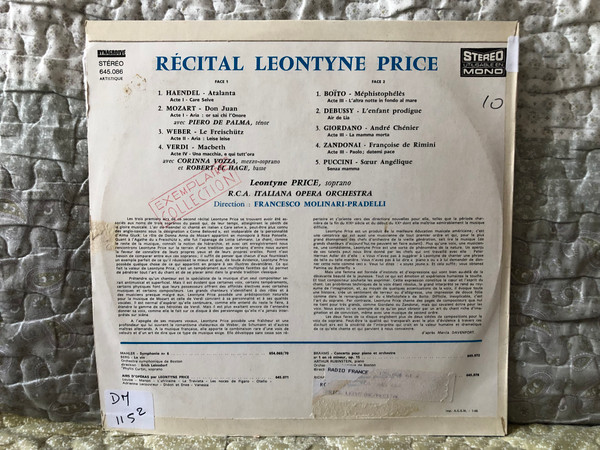 Récital: Leontyne Price - RCA Italiana Opera Orchestra , Direction: Francesco Molinari-Pradelli / Haendel: Atalanta, Mozart: Don Giovanni, Weber: Der Freischutz, Verdi: Macbeth, Boito: Mephistopheles / RCA Victor LP Stereo, Mono / 645.086