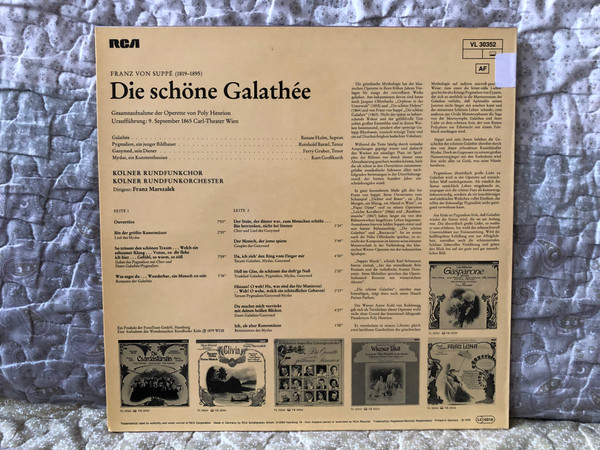 Franz von Suppé: Die Schöene Galathée (Gesamtaufnahme der Operette) - Dirigent: Franz Marszalek, Reinhold Bartel, Ferry Gruber, Kurt Grosskurth, Renate Holm / RCA Victrola LP 1979 / VL 30352