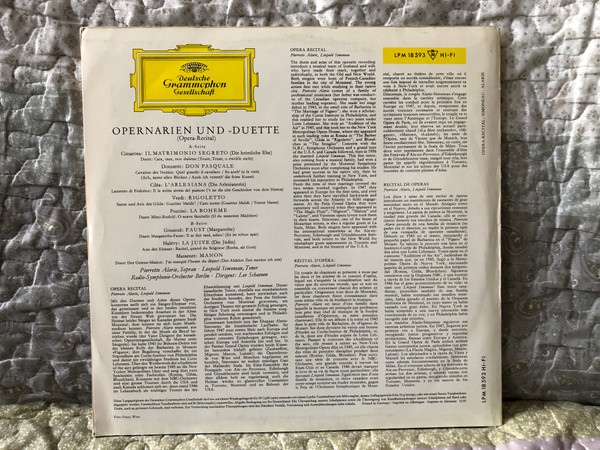 Pierrette Alarie (sopran), Leopold Simoneau (tenor) - Opernarien Und -duette (Opera-Recital) - Radio-Symphonie-Orchester Berlin, Dirigent: Lee Schaenen / Deutsche Grammophon LP / LPM 18 593