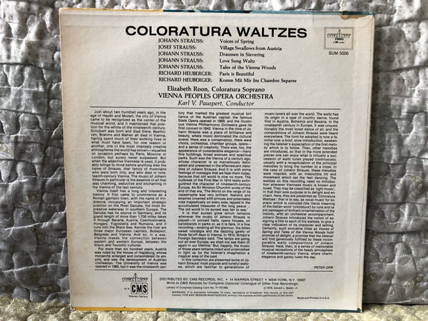 Coloratura Waltzes: Voices of Spring, Tales Of The Vienna Woods, Draussen In Sievering, and others - Elisabeth Roon, Vienna Peoples Opera Orchestra, Karl v. Pauspert (conductor) / Summit LP Stereo 1978 / SUM 5006