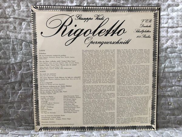 Giuseppe Verdi – Rigoletto (Opernquerschnitt) / Erna Berger, Margarete Klose, Helge Roswaenge, Josef Greindl, Georg Hann, u. a., Staatskapelle Berlin, Dirigent: Robert Heger / ETERNA LP / 8 20 630