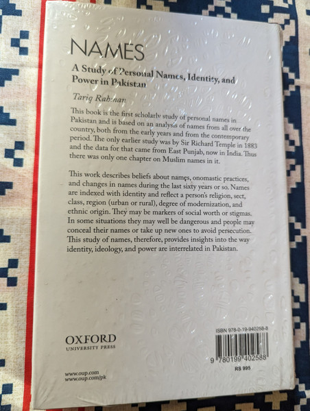 Names - A Study of Personal Names, Identity and Power in Pakistan  Tariq Rahman  Hardcover  Oxford University Press (9780199402588)