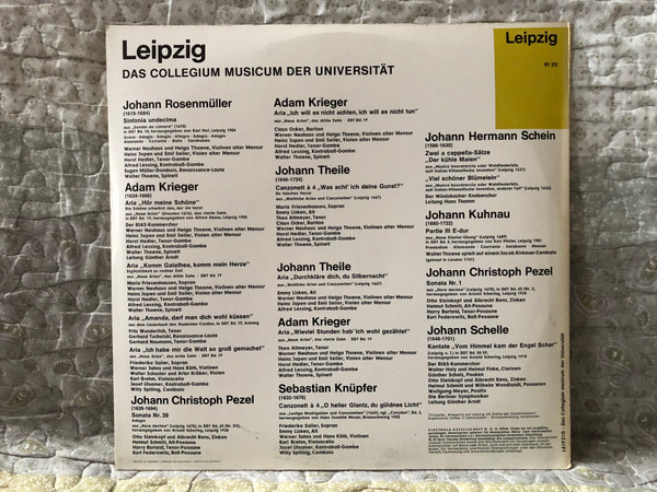 Leipzig: Das Collegium Musicum Der Universität - Johann Rosenmüller, Adam Krieger, Johann Christoph Pezel, Johann Theile, Sebastian Knüpfer, Johann Hermann Schein, Johann Kuhnau, Johann Schelle / Columbia LP / C 91 111