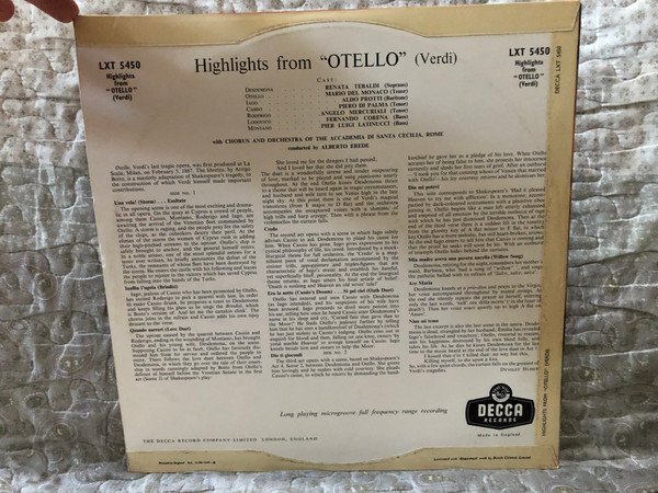 Verdi: Highlights From "Otello" - Del Monaco, Tebaldi, Protti / Decca LP / LXT 5450