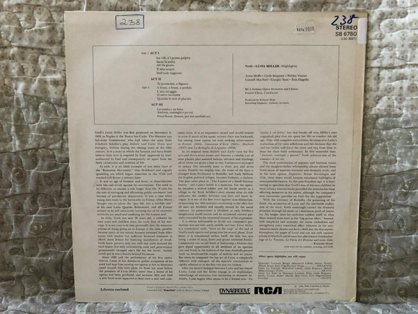 Highlights From Verdi's Luisa Miller - Moffo, Bergonzi, Verrett, MacNeil, Tozzi, Flagello, RCA Italiana Opera Orchestra And Chorus, Fausto Cleva (conductor) / RCA Red Seal LP Stereo 1969 / SB 6780