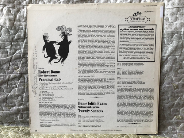 Robert Donat - Eliot Rawsthorne: Practical Cats - Philharmonia Orchestra, Alan Rawsthorne cond. / Dame Edith - Shakespeare: Twenty Sonnets / Seraphim LP Mono / 60042
