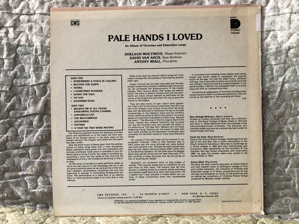 Pale Hands I Loved - An Album of Victorian and Edwardian Songs - Shelagh Molyneux (mezzo-soprano), David Van Asch (bass-baritone), Anthony Miall (pianoforte) / Desto LP Stereo 1978 / DC 6449