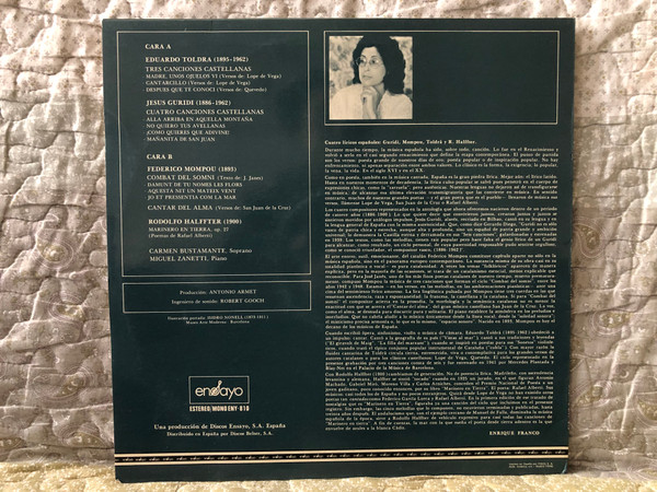 Carmen Bustamante, Miguel Zanetti -- Toldra (1895-1962): Tres canciones castellanas, Guridi (1886-1962): Cuatro canciones castellanas, Mompou (1893): Combat del somni, Cantar del alma / Ensayo LP 1976 Stereo, Mono / ENY-810