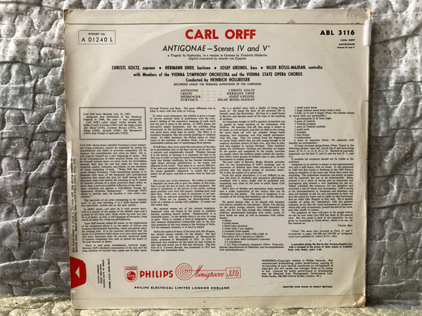 Carl Orff: Antigonae - Scenes IV And V / Philips LP / ABL 3116
