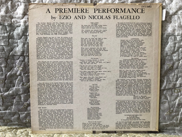Premiere Performance by Ezio Flagello (bass-baritone, Matropolitan Opera) - The Land; L' Infinito; Salve Regina - Composed, orchestrated and conducted by Nicolas Flagello / Internos Records Inc. LP / INT-0002 