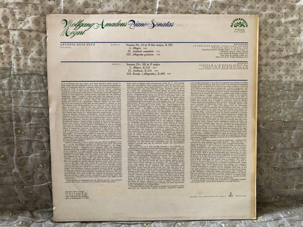 Mozart: Piano Sonatas No 13 In B Flat Major, No.18 In F Major - Antonio Ruiz-Pipo / Supraphon LP Stereo / 1 11 1618