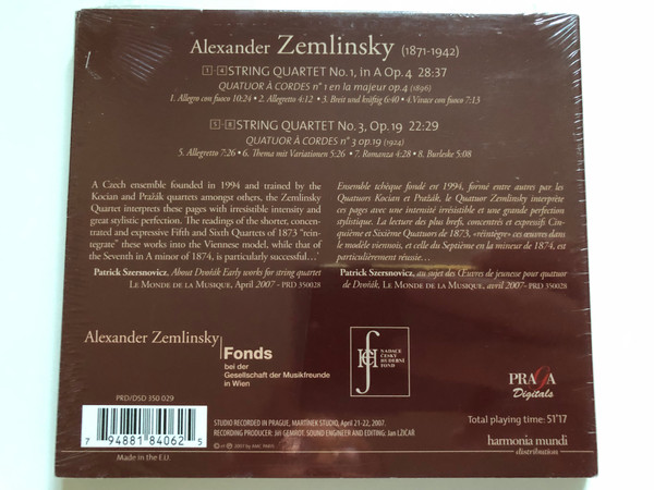 Alexander Zemlinsky: String Quartets No. 1 Op. 4, No. 3 Op. 19 - Zemlinsky Quartet / Praga Digitals Audio CD 2007 / PRD 350 029 