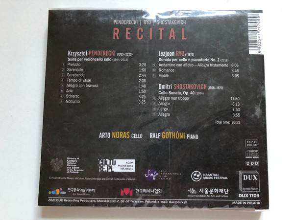 Penderecki, Ryu, Shostakovich: Recital - Arto Noras (cello), Ralf Gothoni (piano) / DUX Recording Audio CD 2021 / DUX 1709