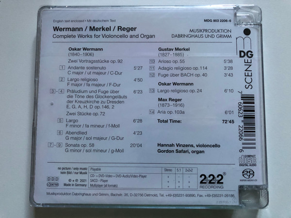 Wermann, Merkel, Reger: Complete Works for Violoncello and Organ - Hannah Vinzenes (violoncello), Gordon Safari (organ) / mdg scene Audio CD 2021 / MDG 903 2206-6 