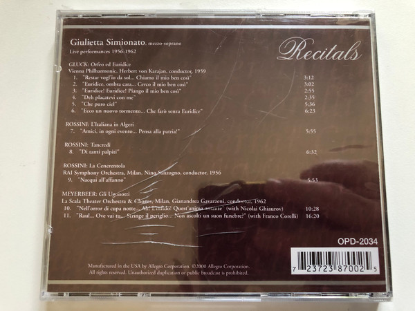 Giulietta Simionato: Arias & Scenes From Orfeo Ed Euridice, L'Italiana In Algeri, Tancredi, La Cenerentola, Gli Ugonotti - Volume 1 / Opera D'Oro Recitals / Opera D'Oro Audio CD 2000 / OPD-2034