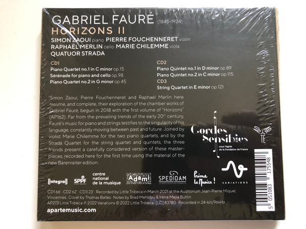Gabriel Fauré: Horizons II - Simon Zaoui, Pierre Fouchenneret, Raphaël Merlin, Marie Chilemme, Quatuor Strada / Aparté 3x Audio CD 2022 / AP273
