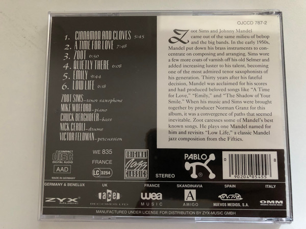 Zoot Sims Plays Johnny Mandel - Quietly There / Pablo Records Audio CD Stereo / OJCCD 787-2