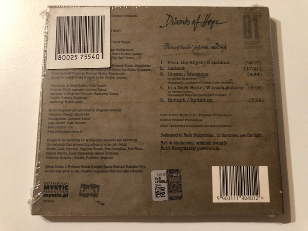 Diaries Of Hope - Zbigniew Preisner Featuring Lisa Gerrard And Archie Buchanan / Preisner Productions Audio CD 2013 / PPCD001