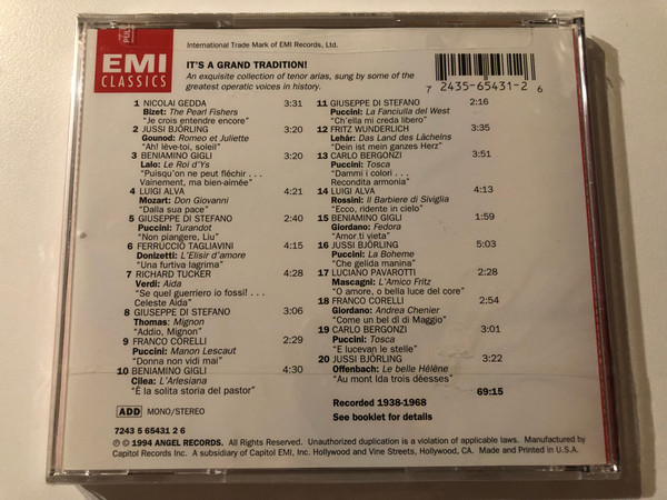 Tenors In The Grand Tradition - Pavarotti, Corelli, di Stefano, Bjorling, Tagliavini, Gedda, Gigli, Bergonzi, Tucker, Wunderlich, Alva / EMI Classics Audio CD 1994 Mono, Stereo / CDM 5 65431 2 6