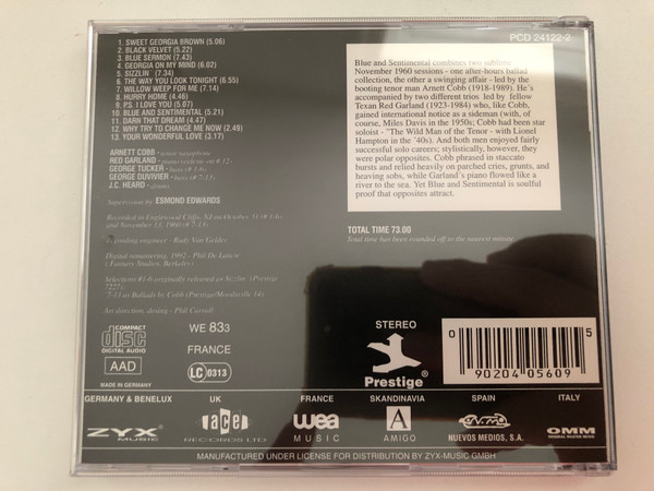 Arnett Cobb With The Red Garland Trio - Blue And Sentimental / ZYX-Music Audio CD Stereo / PCD 24122-2 