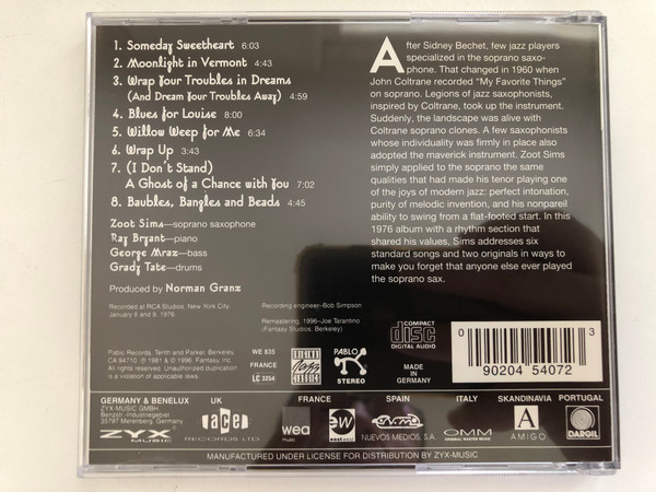 Zoot Sims - Soprano Sax / Original Jazz Classics Audio CD Stereo 1996 / OJCCD 902-2