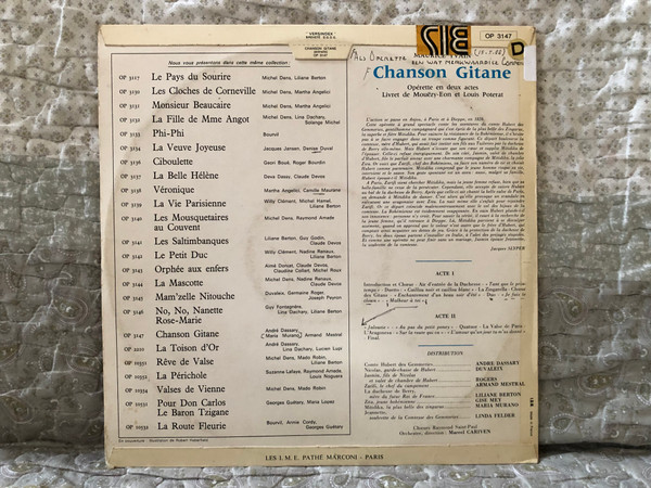 Maurice Yvain: Chanson Gitane - Andre Dassary (Hubert), Liliane Berton (La Duchesse De Berry), Duvaleix (Nicolas), Maria Murano (Mitidika), Orchestre,direction: Marcel Cariven / L'Opérette / Pathé LP / OP 3147