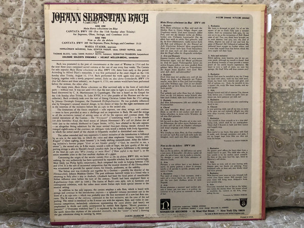 Johann Sebastian Bach: ''Mein Herz Schwimmt Im Blut'' Cantata BWV 199, ''Non Sa Che Sia Dolore'' Cantata BWV 209 - Maria Stader (soprano), Cologne Soloists Ensemble, Helmut Müller-Brühl (conductor) / Nonesuch LP Stereo / H-71136