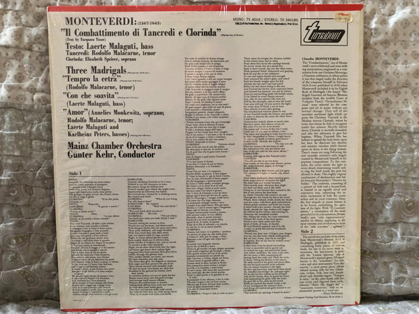 Monteverdi – ''Combattimento Di Tancredi E Clorinda'', Three Madrigals: ''Tempro La Cetra'', ''Con Che Soavita'', ''Amor'' - Soloists, Mainz Chamber Orchestra, Günter Kehr (conductor) / Turnabout LP Stereo / TV 34018S